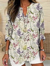 abordables Hauts Floraux-Femmes Chemise Fleuri Élégant Moderne manche longue Col en V Hauts Réguliers Quotidien Fête Boutons Imprimé Rose Claire Violet Vert Beige Été