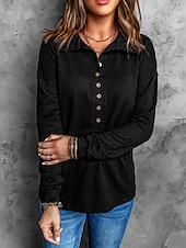 preiswerte Einfarbiges T-Shirt-Damen Bluse Knöpfe Einfarbig Stilvoll Basic Lässig Langarm Hemdkragen Normale Oberteile Täglich Schwarz Weiß Marineblau Himmelblau Khaki Sommer Frühling Herbst