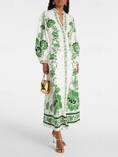 ieftine Rochii Boho-Pentru femei Rochie Lunga Rochie Maxi Rochie imprimata Modă Modern Manșon de lanternă În aer liber Vacanță Ieșire Fit regulat Floare Manșon Lung În V Albastru piscină Trifoi Toamnă