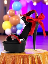 abordables Années 1980-Escarpins à talons aiguilles noirs vintage années 1980 avec nœud en satin rouge – sandales gothiques lolita sexy à talons hauts pour fêtes, spectacles et tenues de club