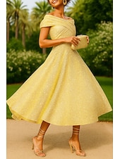 economico Abiti da cocktail-Abiti Cocktail A-Line Jacquard Oro Scintillante Abito Elegante Matrimonio Formale Lunghezza Tè Lunghezza Midi Senza Maniche Spalle Scoperte con Pieghe