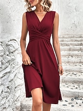 abordables Robe blanche-Femmes Robe Midi Robe trapèze Robe d&#039;été Occasionnel Quotidien Coupe régulière Uni Sans manches Col en V Noir Vin Gris Été