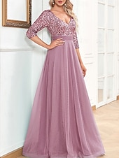 baratos AZUL-Vestido de Gala em A Vestido Elegante Formal Casamento Comprimento do Chão Manga 3/4 Decote em V Com Lantejoulas com Lantejoulas