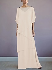 voordelige Vloerlengte-ts strand bruiloft a-lijn moeder van de bruid jurk formele bruiloft gast elegante bateau hals vloer lengte chiffon halve mouw met ruches drapering laag 2025