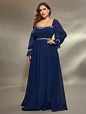 preiswerte BLAU-A-Linie Abendkleid Elegant Kleid Formell Hochzeit Bodenlang Langarm Quadrathals Chiffon mit Falten 2025