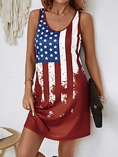 preiswerte Unabhängigkeitstag Kleid-Feminines Patriotisches Minikleid A-Linien Kleid Sommer Kleid Schulterfrei Kleid Urlaub Lässig Täglich Normale Passform Grafik Flagge Ärmellos U-Ausschnitt Rot Sommer