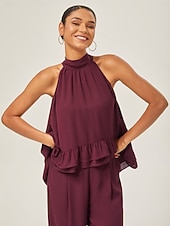 economico Bluse e camicie-Per donna Da donna All&#039;americana Tinta unita Borgogna Volant Senza Maniche Elegante Quotidiano All&#039;americana Estate