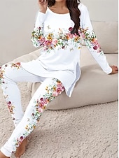 billiga grafiska sovkläder-Dam Elegant Semester Mode T-shirt Byxuppsättningar Långärmad Rund hals Blommig Grafisk Mönster Ledigt / vardag Svart Vit Blå Sommar Normal