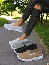 billige Sneakers til kvinner-Grå flyknit slip-on-sneakers til dame – hverdagssko for turgåing, ærender og fritid i parken