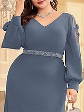 preiswerte BLAU-A-Linien Plus Size Kleider Elegantes Kurvenkleid Formelles Hochzeitsbodenlänges Langärmel V-Ausschnitt Chiffon mit Perlen 2025