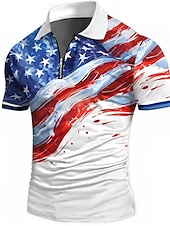 cheap Independence Day Polos-American Independence Day Men&#039;s American Flag Zip Polo Shirts Short Sleeve Polo Shirts Collared Shirts Casual Athleisure Daily Wear 3D Print Summer White Blue