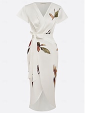 abordables Robes fleuries-Femmes Robe Midi Robe Portefeuille Vacances Occasionnel Extérieur Sortir Plage Mince Fleuri Graphique manche longue Col en V Blanche Été Printemps