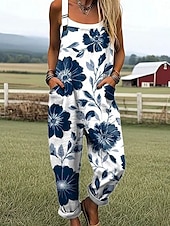 billiga casual jumpsuits-Dam Jumpsuits Aktiv Blommig Ärmlös Snörning Semester Dagligen Lös passning Gul Rubinrött Blå Sommar