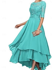 abordables Longueur du thé-Ligne A Robe de Mère de Mariée  Élégant Simple Col Bateau Asymétrique Polyester Demi Manches avec Couleur Unie 2025
