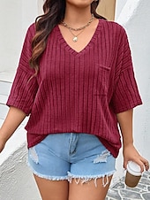 cheap Plus Size T Shirts-Women&#039;s Plus Size Tops T Shirt Solid Color Pocket Short Sleeve V Neck Casual Daily Polyester Summer Spring Black Wine