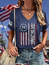 economico Magliette Giorno dell’Indipendenza-T-shirt patriottica da donna con grafica bandiera americana vintage stilosa classica a maniche corte collo a V regolare stampa quotidiana nero blu navy grigio scuro estate primavera