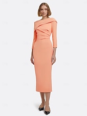 levne modrá-Šaty sheath  sloupec koktejlové šaty Elegantní šaty formální svatební host délka nad kotníky rukáv 3/4 bez ramene elastická krepa s nařasením