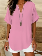 abordables Hauts Unis pour Femmes-Femmes Chemisier Couleur Unie Élégant Quotidien Occasionnel Manche Courte Col en V Encolure en V Hauts Réguliers Quotidien Sortir Patchwork Bleu Denim Blanche Rose Claire Bleu Vert Été Printemps