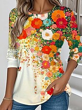 abordables T-shirt floral-Femmes T-shirt Fleuri Graphique Plantes ancien Élégant Classique manche longue Col ras du cou Hauts Réguliers Quotidien Week-end Imprimé Jaune Bleu Vert Été