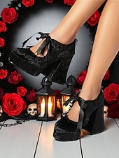 economico Per le donne-Scarpe con plateau in velluto in stile vittoriano gotico del XIX secolo da donna - décolleté mary jane bordeaux con rifiniture in pizzo e nastro per Halloween, cosplay e moda lolita