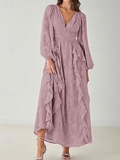 baratos Comprimento do chão-Linha A Vestido Para Mãe dos Noivos Formal Convidado do casamento Elegante Simples Minimalista Decote V Longo Chiffon Renda Manga Longa com Franzido Babados em Cascata 2025