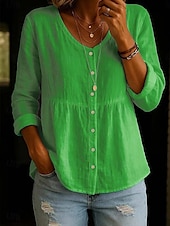 voordelige Overhemden-Dames Overhemd Effen Kleur Effen Stijlvol Casual Lange mouw Overhemdkraag Normale tops Dagelijks Knop Gesmokt Wit Geel Blozend Roze Groen Zomer Lente