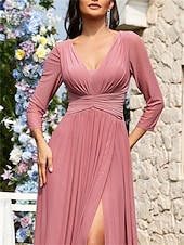 preiswerte Rosa-A-Linie Quinceanera-Kleider Elegant Kleid Formell Hochzeit Bodenlang Langarm V Ausschnitt Chiffon Ladderback-Rückenausschnitt mit Falten 2025