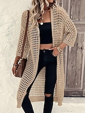 abordables Manteaux &amp; trenchs-Femmes Veste Décontractée Respirant Confortable Découpé Occasionnel Uni Vacances Rue Occasionnel Tenue quotidienne Ouvert devant Long Sans Col Coupe régulière Manche 3/4 Vêtements d&#039;extérieur Noir