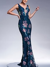 cheap FLORALS-Mermaid / Trumpet Evening Gown Elegant Dress Formal Wedding Floor Length Sleeveless V Neck Lace with Sequin