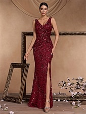 abordables Champagne-Robe de quinzième anniversaire sirène  trompette élégante robe formelle invitée de mariage longueur sol sans manches décolleté en V sequins dos en V avec fente en sequins