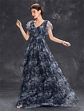 economico BLU-Abiti Quinceanera A-Line abito elegante formale lungo senza maniche scollatura a V in chiffon con stampa floreale