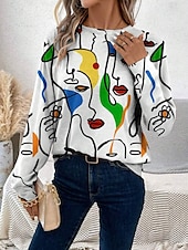 abordables T-shirt Art &amp; Design-Femmes T-shirt Graphique Abstrait ancien Élégant Classique manche longue Col ras du cou Hauts Réguliers Quotidien Week-end Imprimé Blanche Été