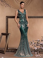 voordelige GROEN-Zeemeermin  Trompet Quinceanera Jurken Elegante Jurk Formele Bruiloft Vloerlange Mouwloos V-hals Sequined Rugloos met Sequins