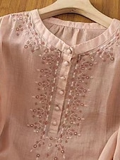 billige Skjorter-Dame Skjorter i bomullslin Helfarge Grunnleggende Fritid 3/4 ermer Crew-hals Vanlige topper Daglig Broderi Knapper Rosa Blå Aprikos Sommer