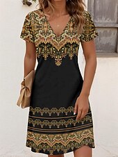 tanie Sukienki boho-Damskie Sukienka mini Sukienka t-shirtowa Sukienka letnia Urlop Codzienny Boho Wyjściowe Regularny Graficzny W Tureckie Wzory Krótki rękaw W serek Czarne złoto jesion Czarny Czerwony Lato Wiosna