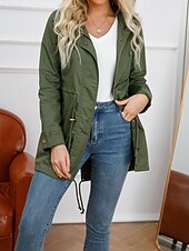 abordables Manteaux &amp; trenchs-Femmes Trench Chaud Confortable Fermeture éclair Avec Poches Mode Extérieur Uni Sortir Week-end Fermeture éclair Régulier À capuche Coupe régulière manche longue Vêtements d&#039;extérieur Noir Blanche