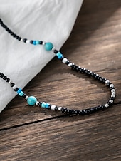 abordables Bijoux pour hommes-Collier de perles noires et turquoise pour homme – Bijoux de style surfeur bohème faits à la main pour les tenues de plage d&#039;été, les festivals et les vêtements décontractés