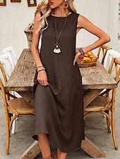 preiswerte Weißes Kleid-Damen Maxikleid A Linie Kleid Sommerkleid Lässig Täglich Normale Passform Einfach Ärmellos Rundhalsausschnitt Wein Blau Braun Grün Sommer