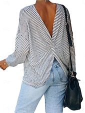 ieftine Tricou cu dungi și geometric-Pentru femei Bluză Dungi Stilat Casual Manșon Lung Stil Nautic Topuri obișnuite Zilnic Imprimeu Negru Gri Vară Primăvară Toamnă