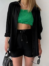 voordelige Korte sets voor dames-Dames Elegant Modieus Streetwear Katoenen linnen sets Lange mouw Overhemdkraag Effen Kleur Buiten Werk Casual Zwart Paars Oranje Zomer Ruim Passend