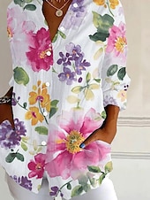 ieftine Topuri florale-Pentru femei Cămașă Floral Grafic Epocă Tropical Zilnic Manșon Lung Guler Cămașă Topuri obișnuite Muncă Zilnic Concediu Nasturi Imprimeu Roz Îmbujorat Vară Primăvară Toamnă
