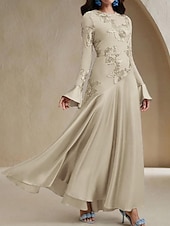 preiswerte BLAU-Blauer Bogen Spitze A-Linie Abendkleid Elegantes Kleid Formelles Hochzeitskleid Bodenlang Lange Ärmel Rundhals Stretchmaterial