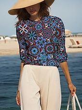 ieftine tricou floral-Pentru femei Bluză Grafic Elegant Boemia Casual Manșon Lung Stil Nautic Rotund Topuri obișnuite Zilnic Ieșire Costum de plajă Imprimeu Galben Albastru piscină Mov Trifoi Vară Primăvară