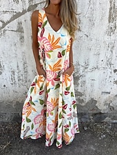 abordables Robes fleuries-Femmes Robe maxi Robe trapèze Robe Nuisette Vacances Occasionnel Boho Extérieur Sortir Coupe régulière Fleuri Sans manches Col en V Bleu Abricot Beige Été