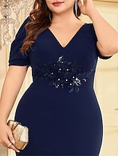 cheap BLUE-Mermaid / Trumpet Plus Size Dresses Elegant Curve Dress Formal Wedding Floor Length Short Sleeve V Neck Polyester with Appliques