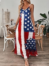 cheap Independence Day Dress-Independence Day Women&#039;s Patriotic Fourth of July Maxi Dress A Line Dress Slip Dress Vacation Casual Outdoor Going out Regular Fit Graphic American Flag Sleeveless V Neck Spaghetti Strap Blue