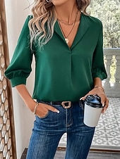 abordables Blusas Sencillas-Mujer Blusa Color sólido Elegante Básico Casual Manga 3/4 Cuello Camisero Tops regulares Oficina Trabajo Negro Vino Verde Trébol Verano Primavera Otoño