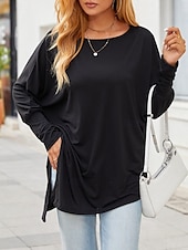 preiswerte Einfarbiges T-Shirt-Damen Hemd Mode Lässig Langarm Rundhalsausschnitt Lange Oberteile Täglich Patchwork Schwarz Rote Purpur Grün Grau Frühling Herbst