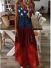 cheap Independence Day Dress-Independence Day Women&#039;s Patriotic Fourth of July Maxi Dress A Line Dress Slip Dress Vacation Casual Daily Holiday Graphic American Flag Sleeveless V Neck Spaghetti Strap White Red Sky Blue