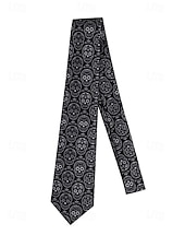 economico Cravatte e papillon da uomo-Cravatta nera in raso con stampa teschio gotico da uomo – accessorio retrò per feste di Halloween per outfit ispirati al punk e al vintage
